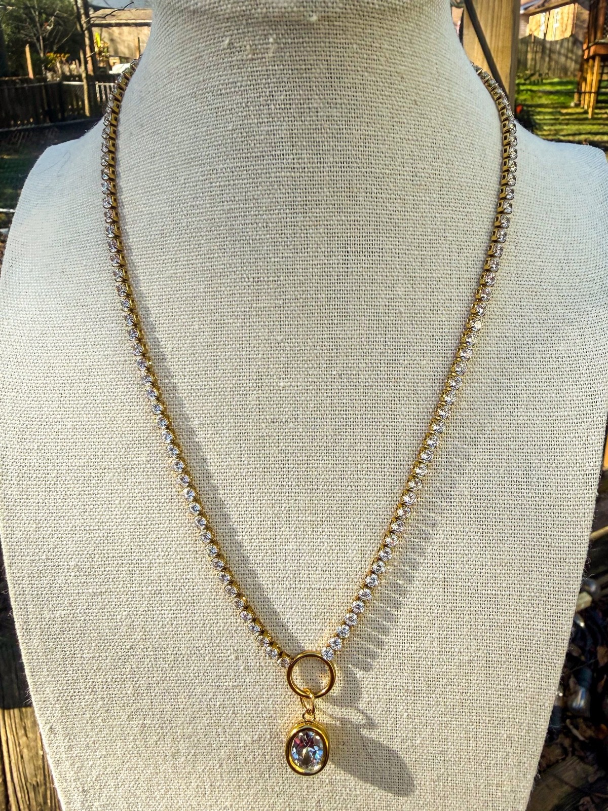 17″ Gold Stainless Steel Tennis Chain Necklace Oval CZ Charm Rhinestone Sparkle
