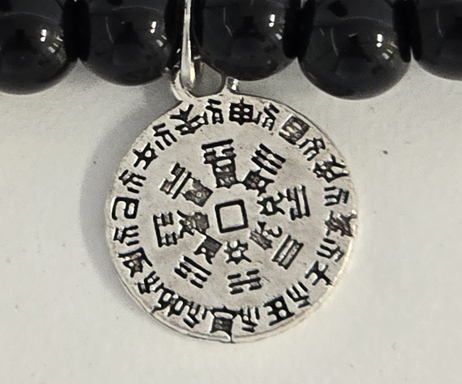 Chinese-Style Coin Charm Pendant – New – Polished Black Onyx Beaded Gemstone