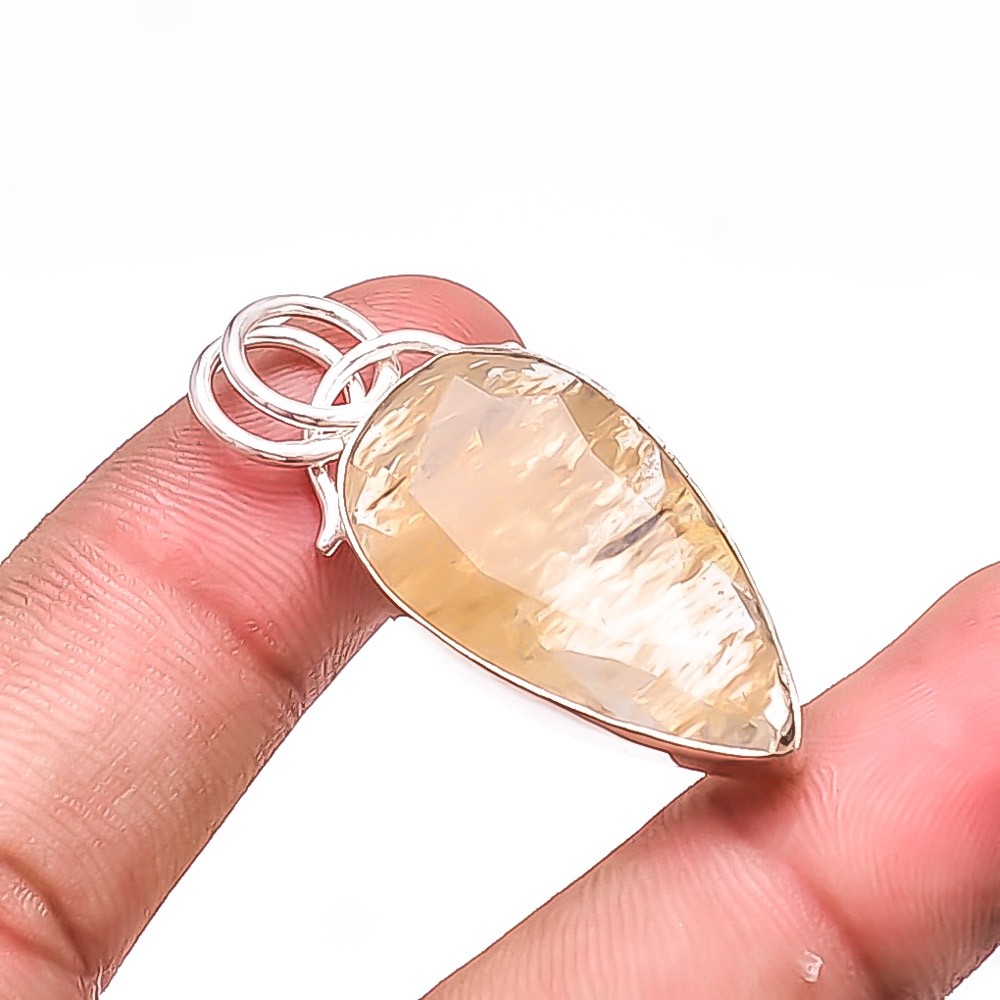 Golden Rutilated Quartz – Brazil 925 Sterling Silver Handmade Pendant 1.48″ Su46