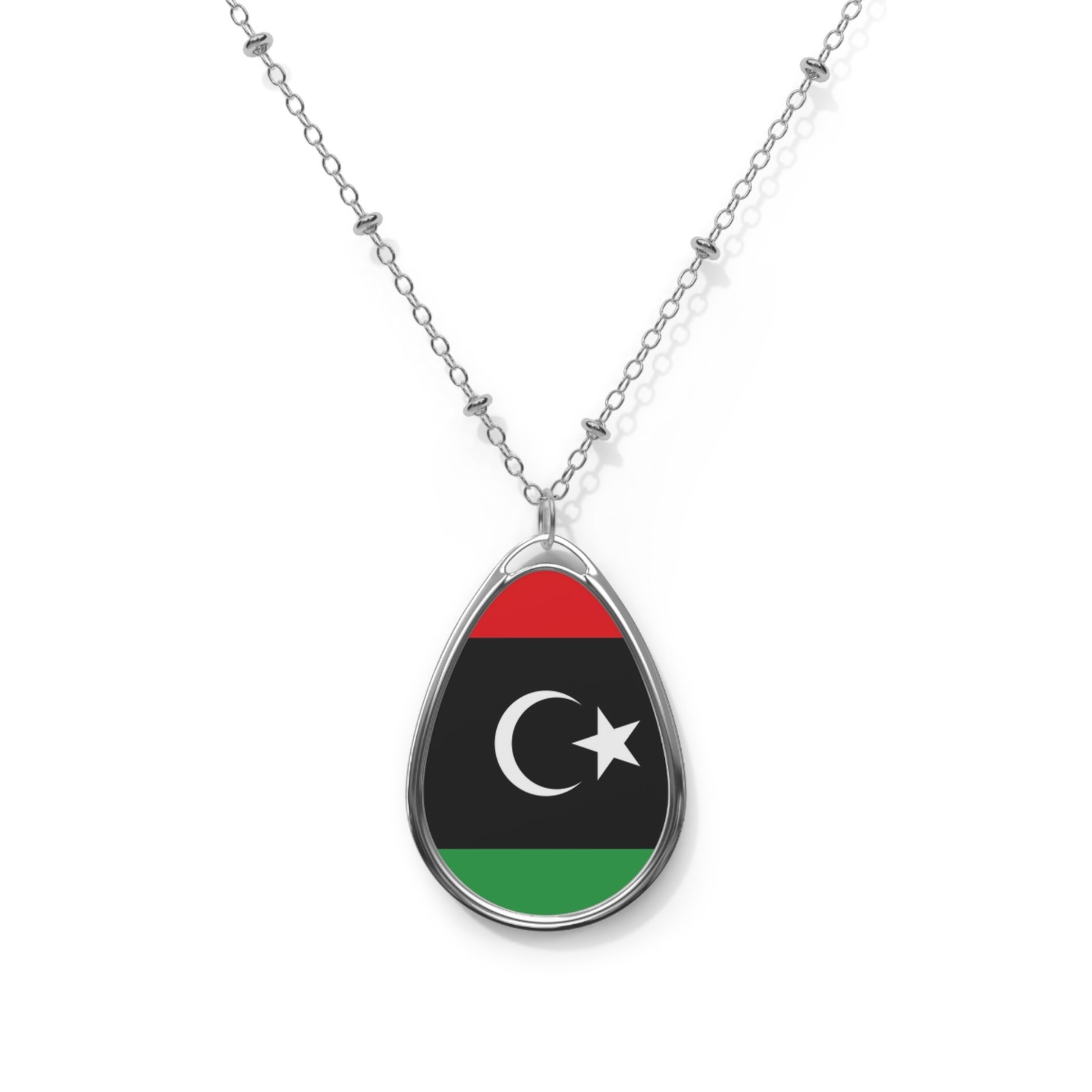 Libya Flag Oval Necklace – Libyan Heritage Pendant – One Size / Silver