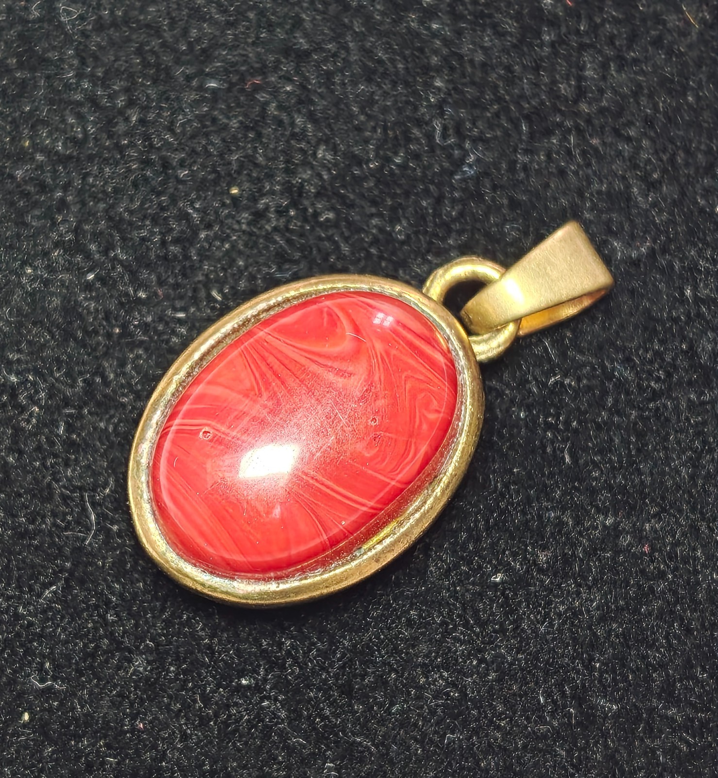 Oval Red Coral Swirl Cabochon Pendant in Brushed Gold Bezel Jewelry for Unisex