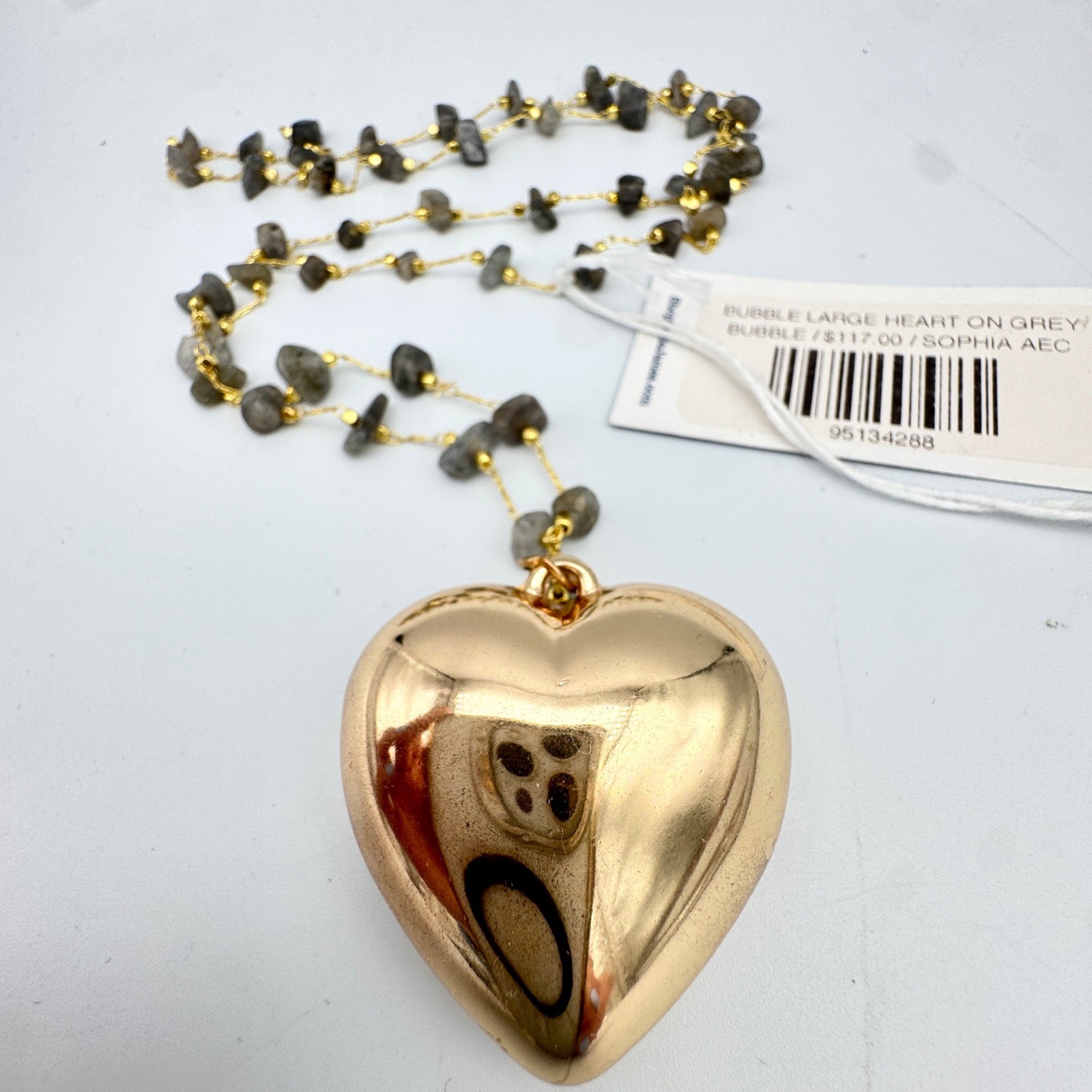 Large Bubble Heart Pendant Necklace Gold Tone Grey Labradorite Stone