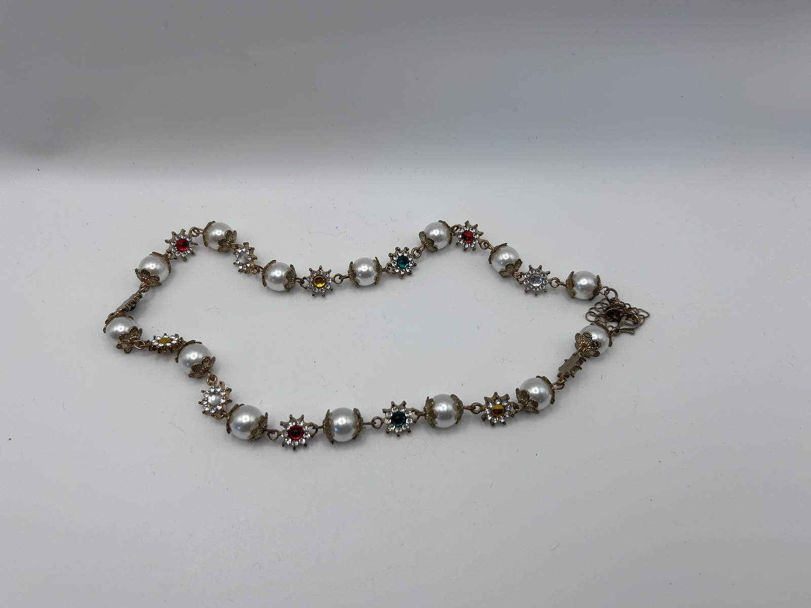 Necklace Gold Tone Multicolor Rhinestone Imitation Pearl Beaded Statement 19 In