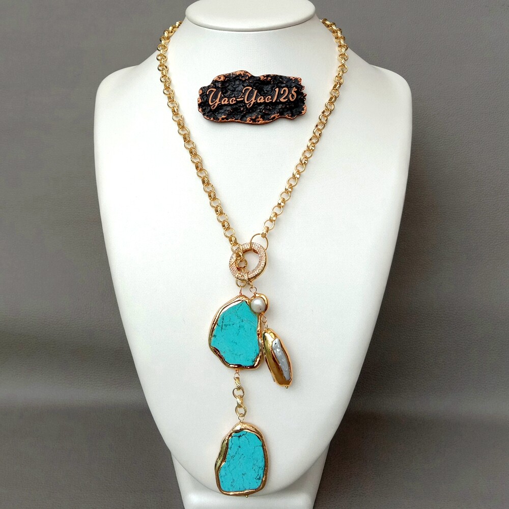 White Biwa Pearl Turquoise Lariat Chain Necklace 27″