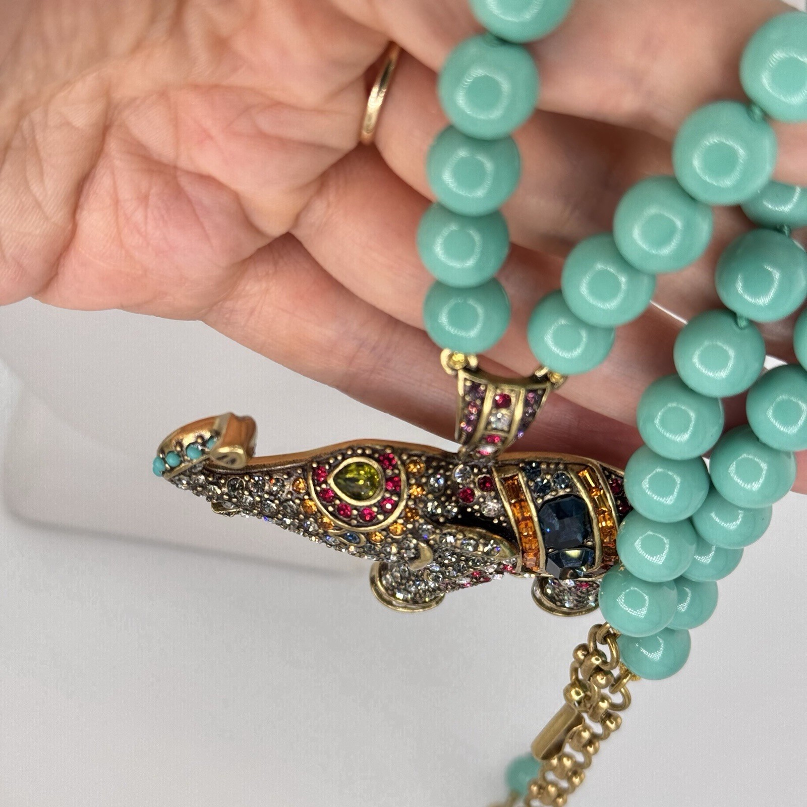 Signed Heidi Daus Turquoise Bead Necklace with Pavé Swarovski Crystal Elephant