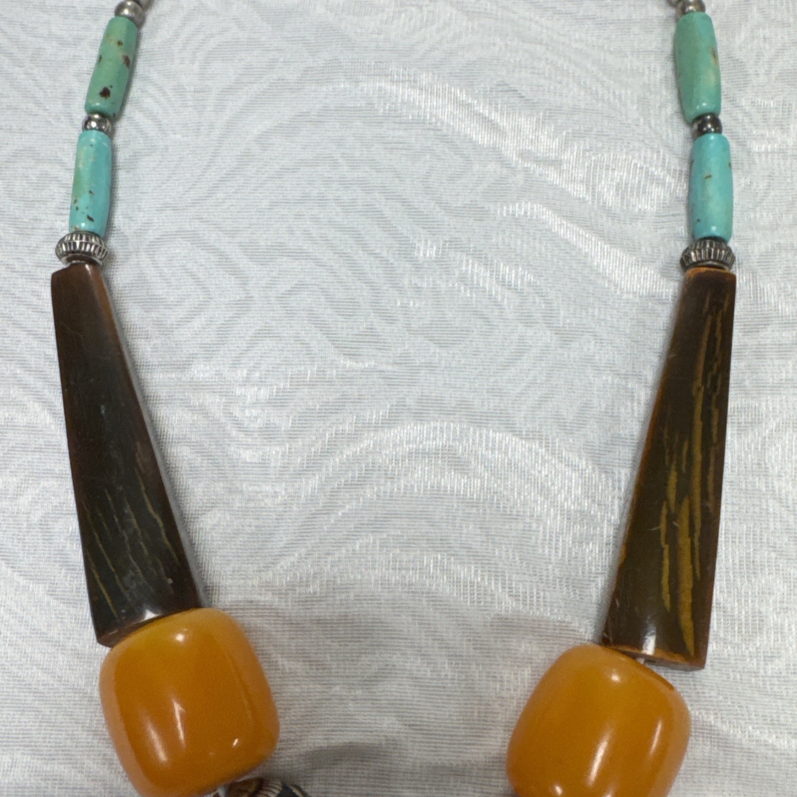 Vintage Bohemian Multi Color Necklace Tibetan Resin Amber with Turquoise Pendant