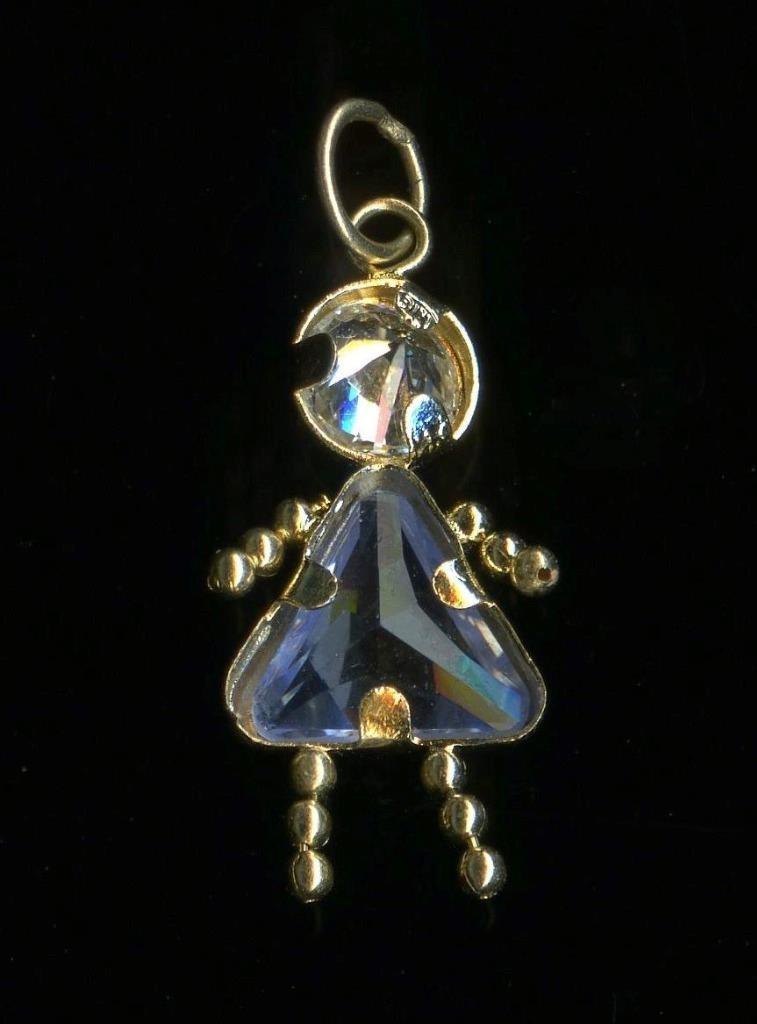 New 14K 20mm Solid Yellow Gold Trillion Blue CZ Girl Figurine Pendant Charm (UX