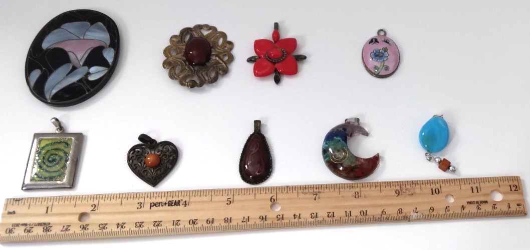 Lot Of 9 Fashion Pendants Mixed Metals Materials Various Designs