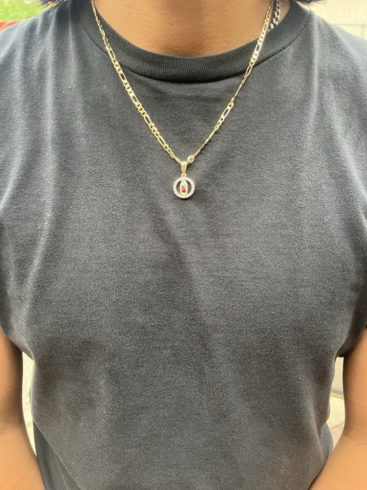 Gold Tone Figaro Necklace Clear Stone Amulet Virgin Mary Virgen de Guadalupe