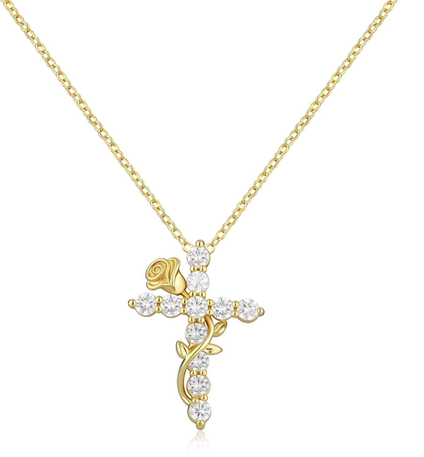 Gold Cross Necklace for Women Dainty 14K Gold Plated Diamond Cross Pendant Neckl