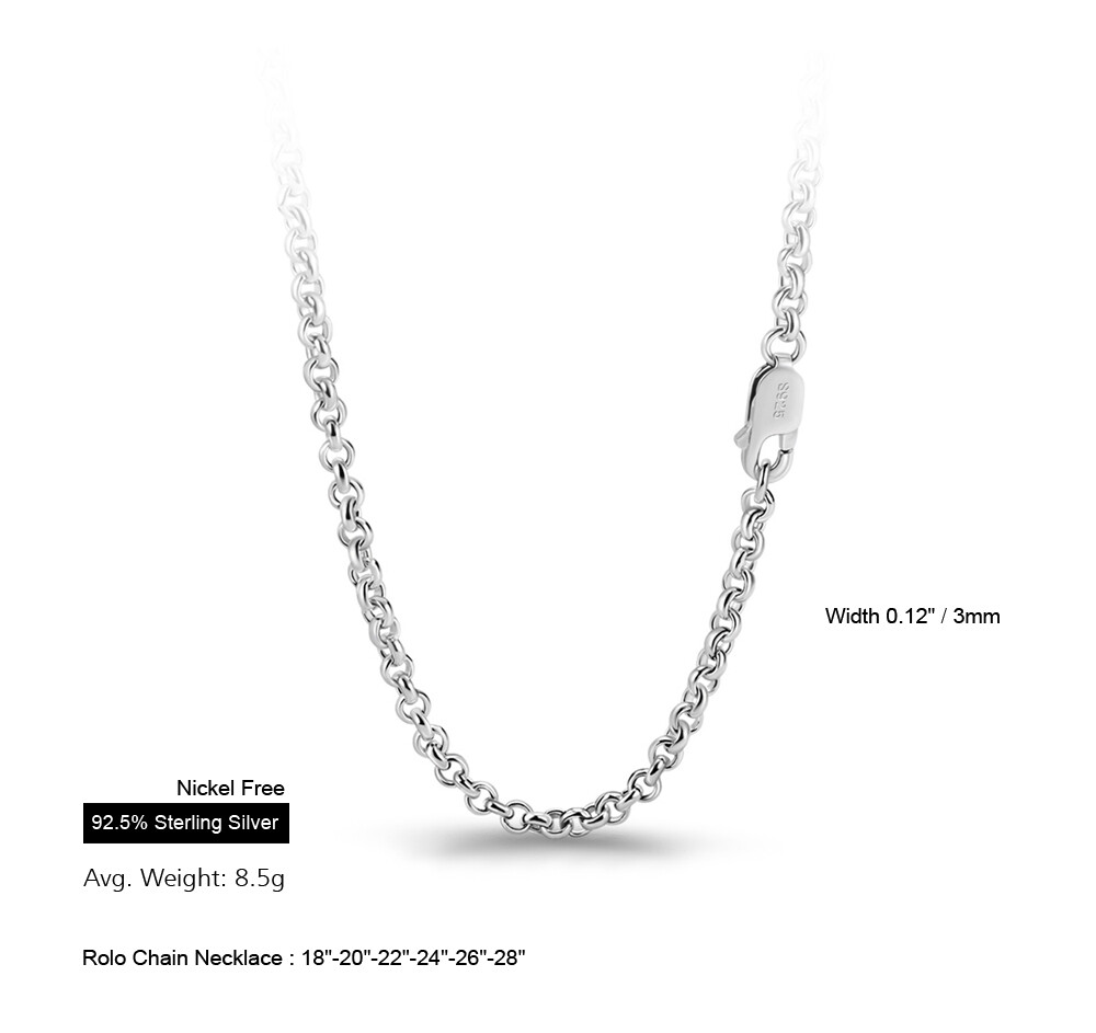 925 Sterling Silver 3mm Rolo Round Cable Chain Necklace 18-28 Inch for Men Women