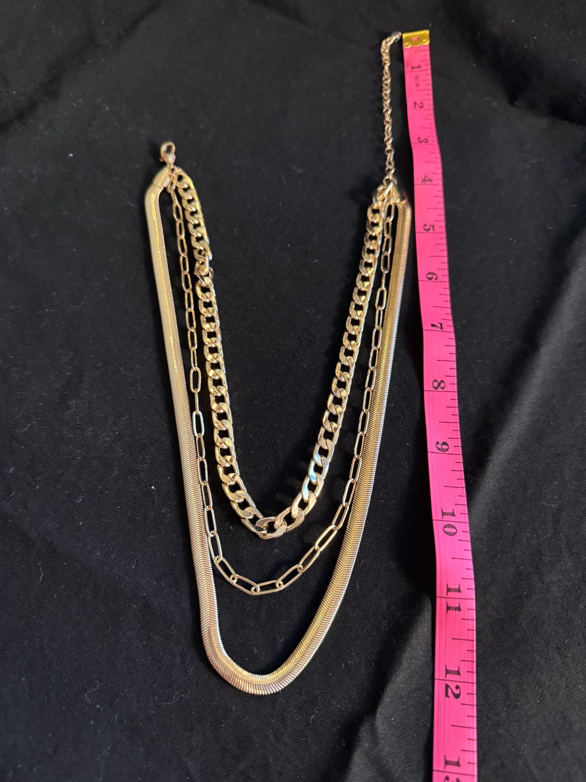 Gold Tone Triple Layer Chain Necklace Herringbone Paperclip Cuban Link 16-19″