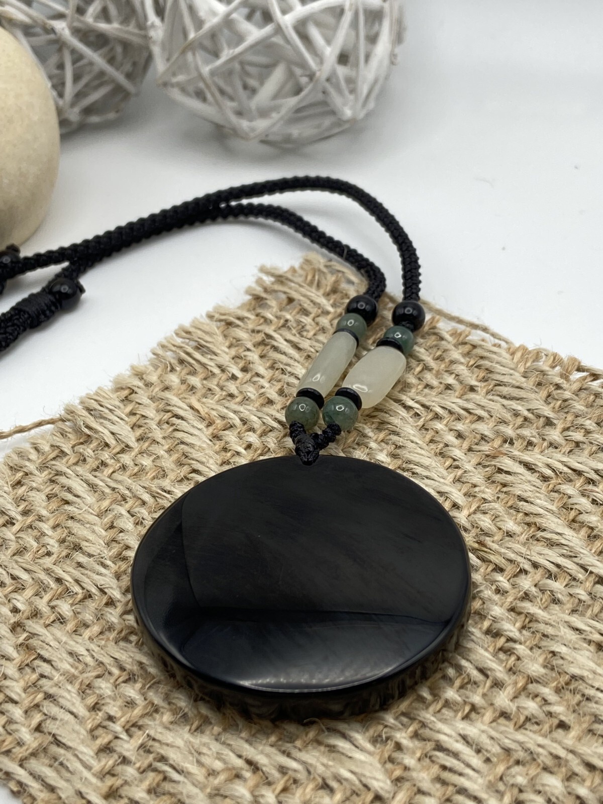 Jade Obsidian Dragon Charm Pendant Necklace Beads Cord Handmade Tai Chi diagram