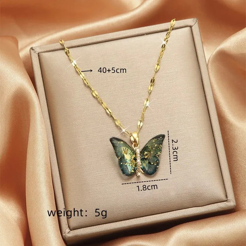 Gold Butterfly Zircon Pendant Titanium Steel Chain Simple Elegant Necklace