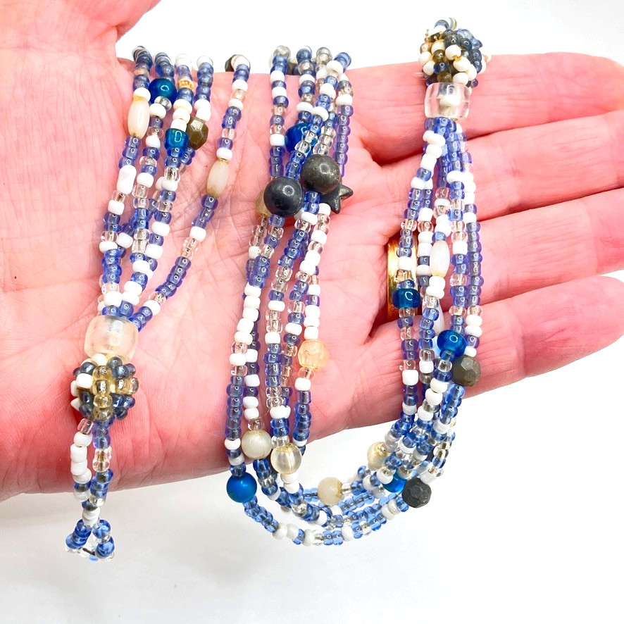 Blue glass seed bead necklace 46cm multi strand vintage Boho costume jewellery