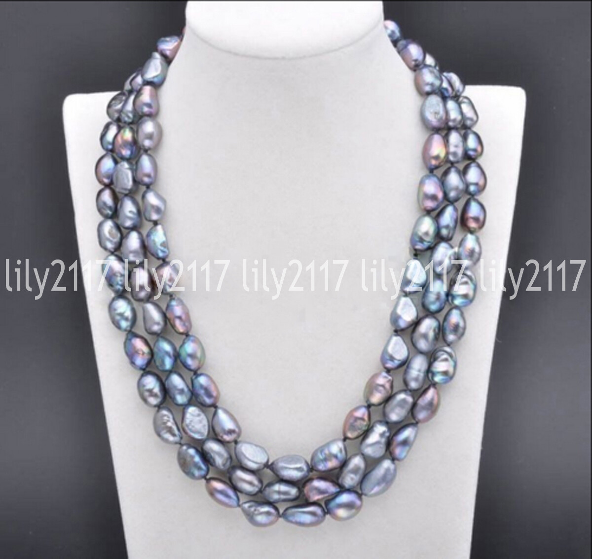 3 Rows Genuine Natural 7-8MM Black Baroque Freshwater Pearl Necklace 18-20”