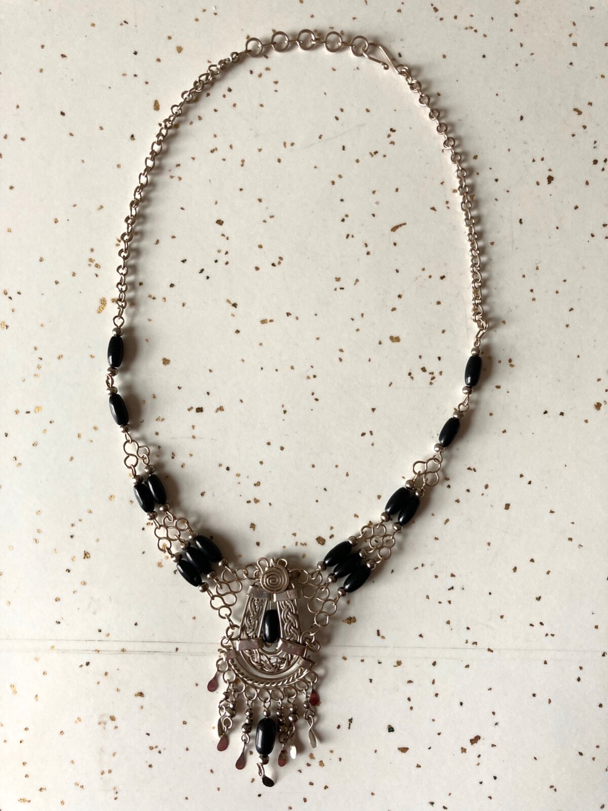 New Handmade Peruvian Alpaca Silver Black Beaded Chocker Necklace 17″ Long