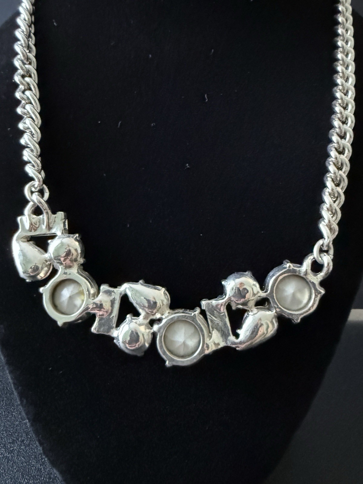 Pink and Colorless Rhinestone Bib Necklace Silver Tone Chain