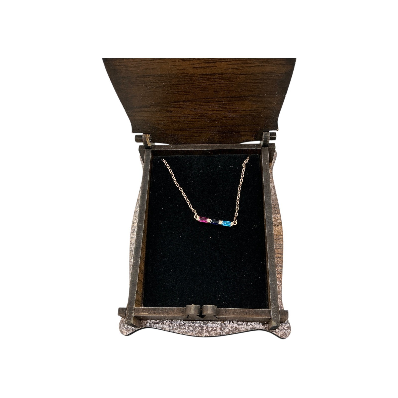 DIVAN JEWELRYGOLD Rose Gold Bar Necklace Pink Blue Gemstones 16″