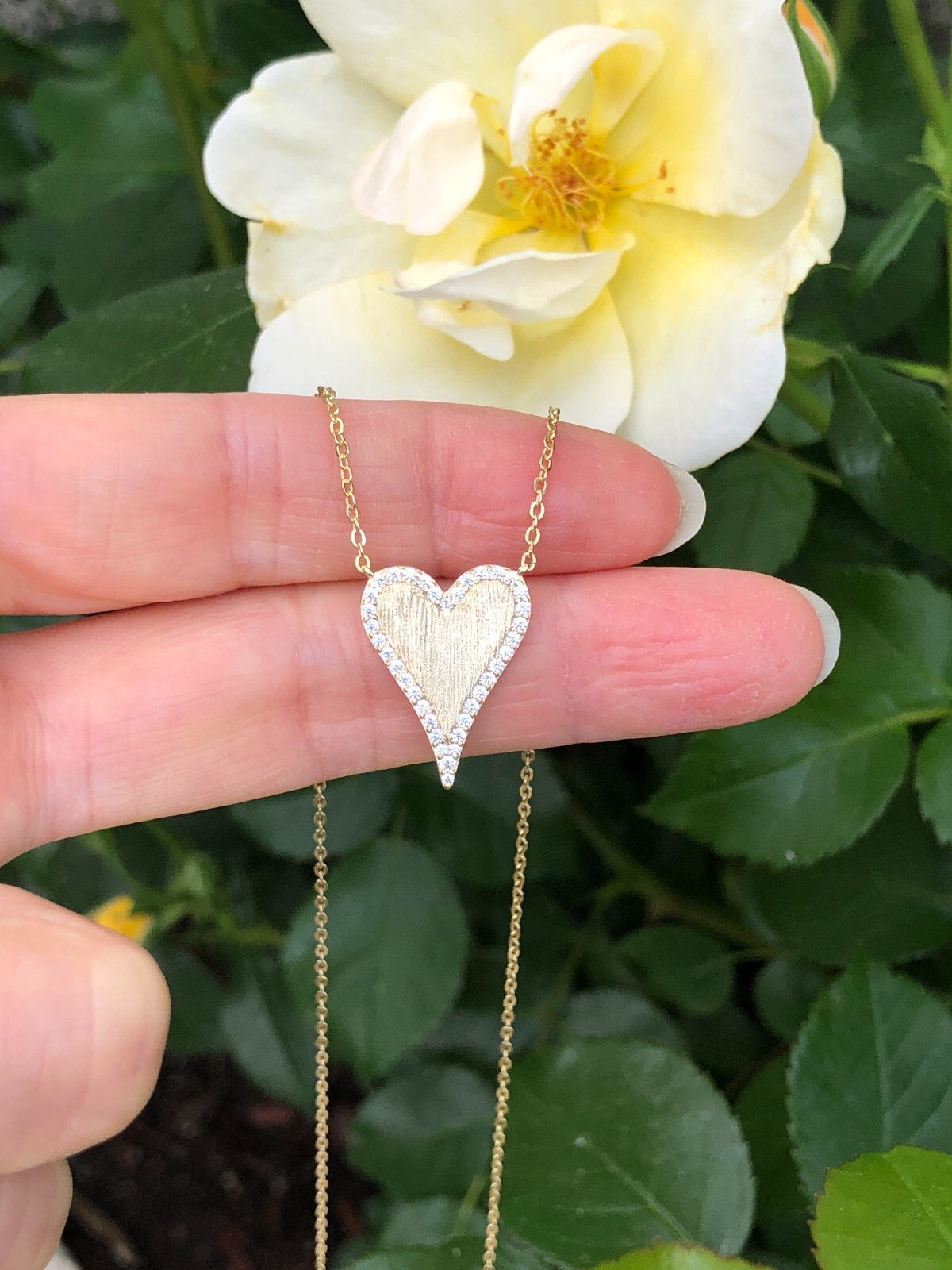 925 Sterling Silver CZ Matte Gold Heart Pendant Necklace Women 19mm/0.75″ 17.5”