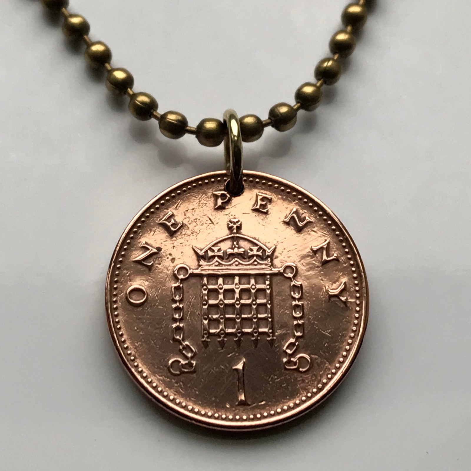 United Kingdom 1 Penny coin pendant British crowned portcullis London UK n000883