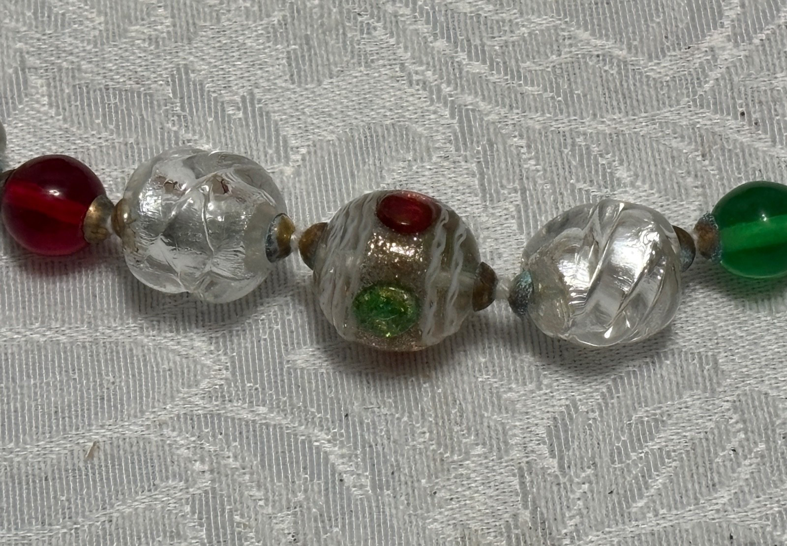 Venetian Glass Beads NECKLACE 30″ White Red Green Silver Handcrafted Italy Boxed