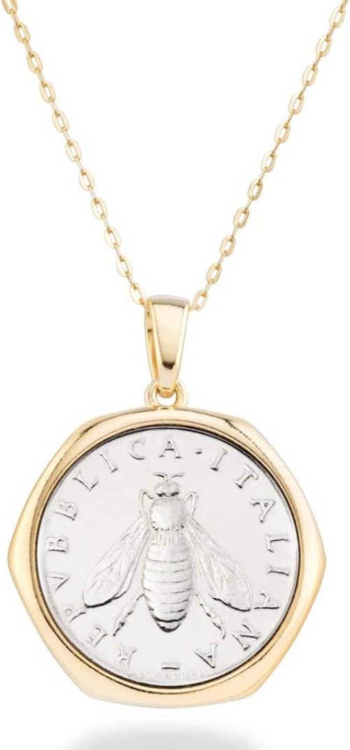 Chic 2-Lira Bee Coin Necklace: 18K Gold Plated Sterling Silver, Casual Elegance