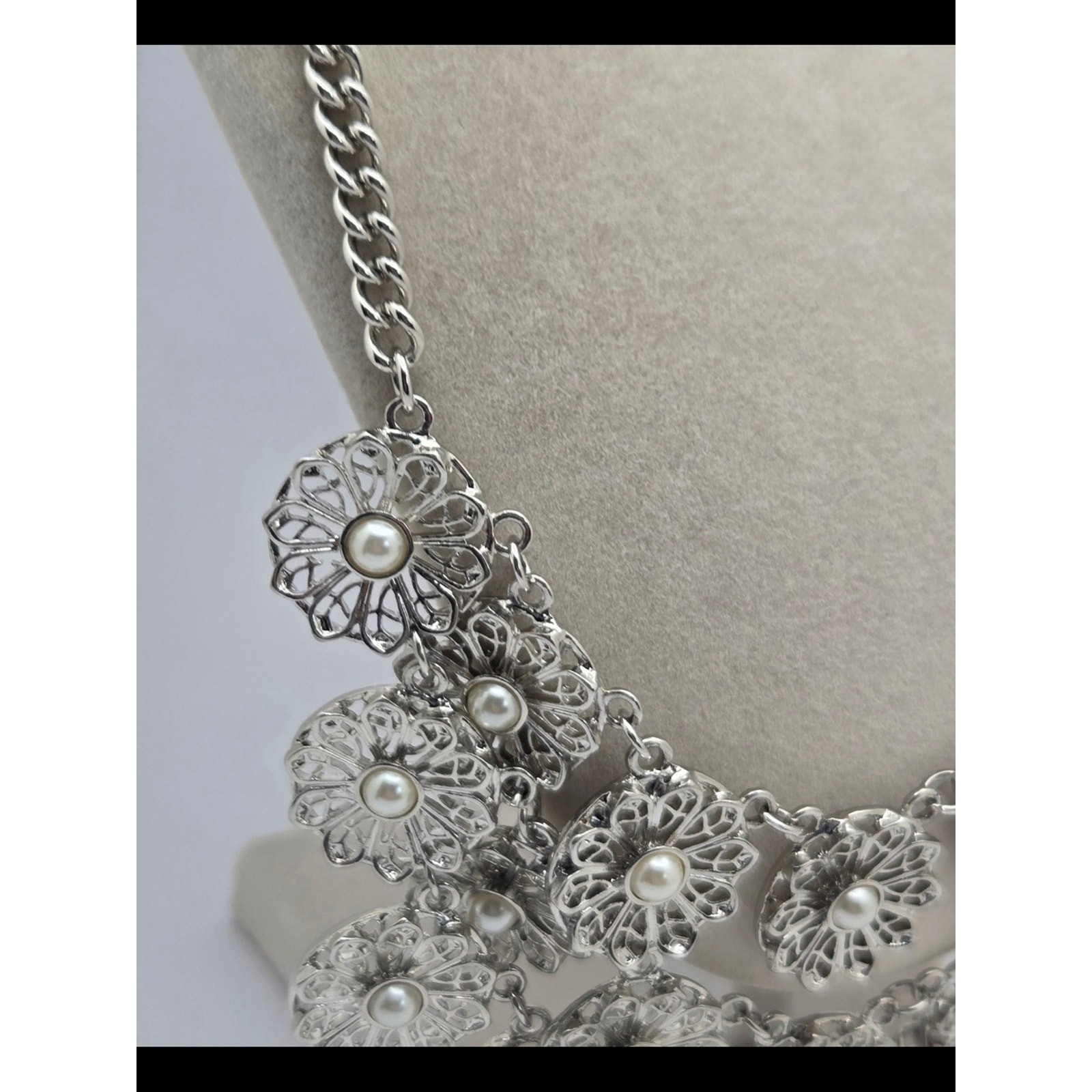 Vintage Inspired Silver Filigree Flower Faux Pearl Bib Statement Necklace 22″