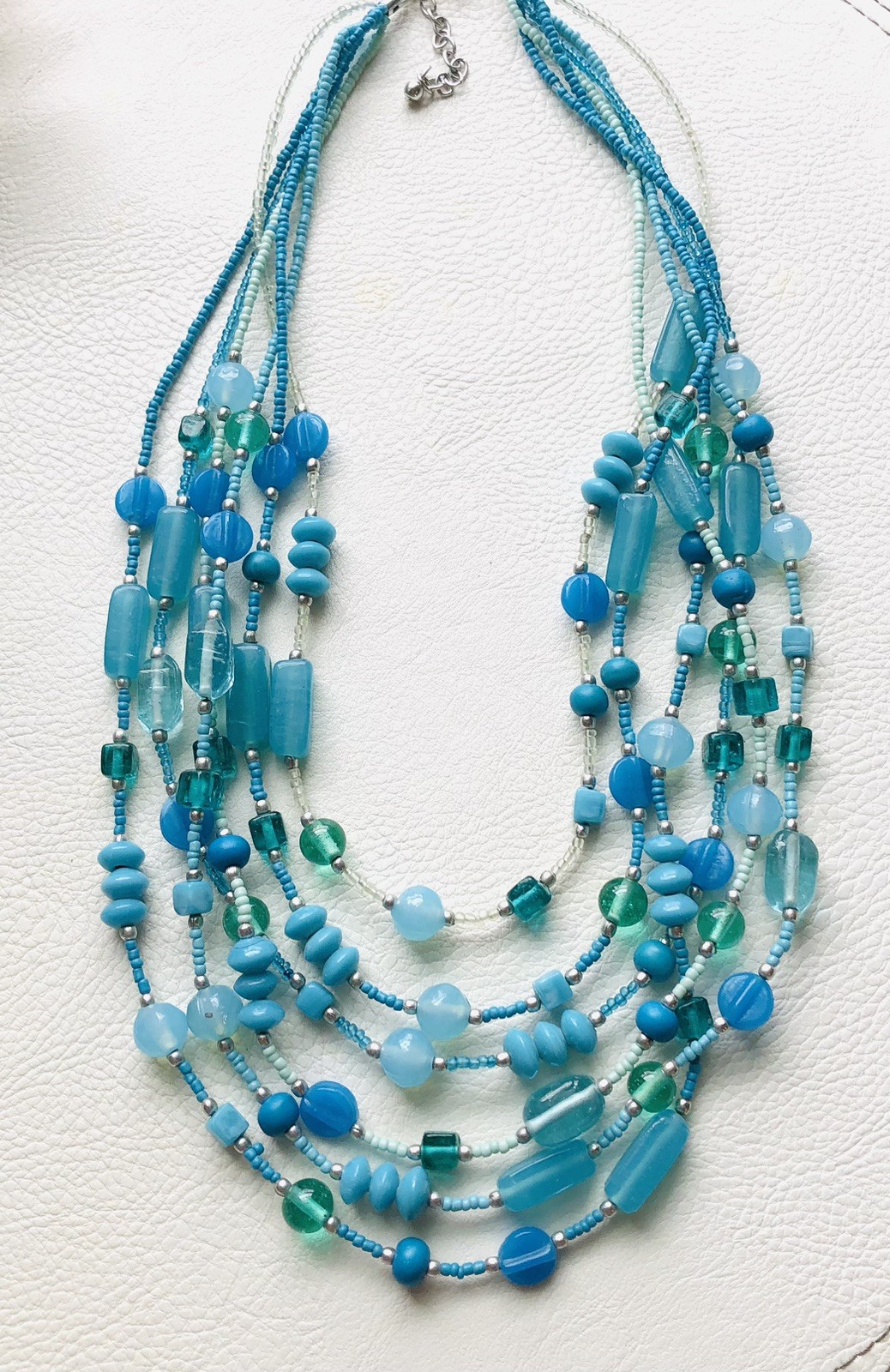 Multi Strand Blue & Green Glass Beaded Necklace