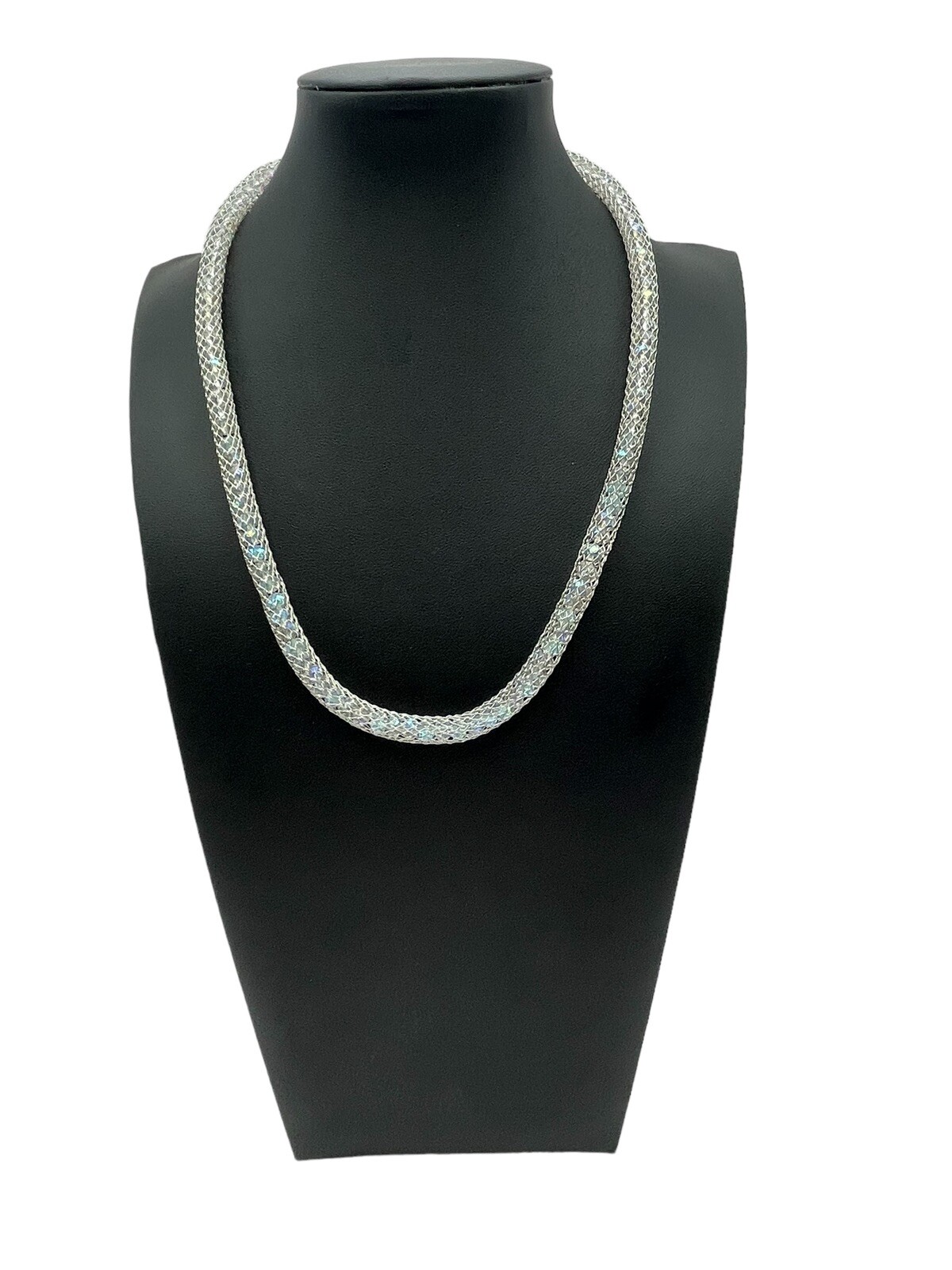 Stainless Steel China Mesh Net Aurora Borealis Bead Silver Tone Necklace Modern
