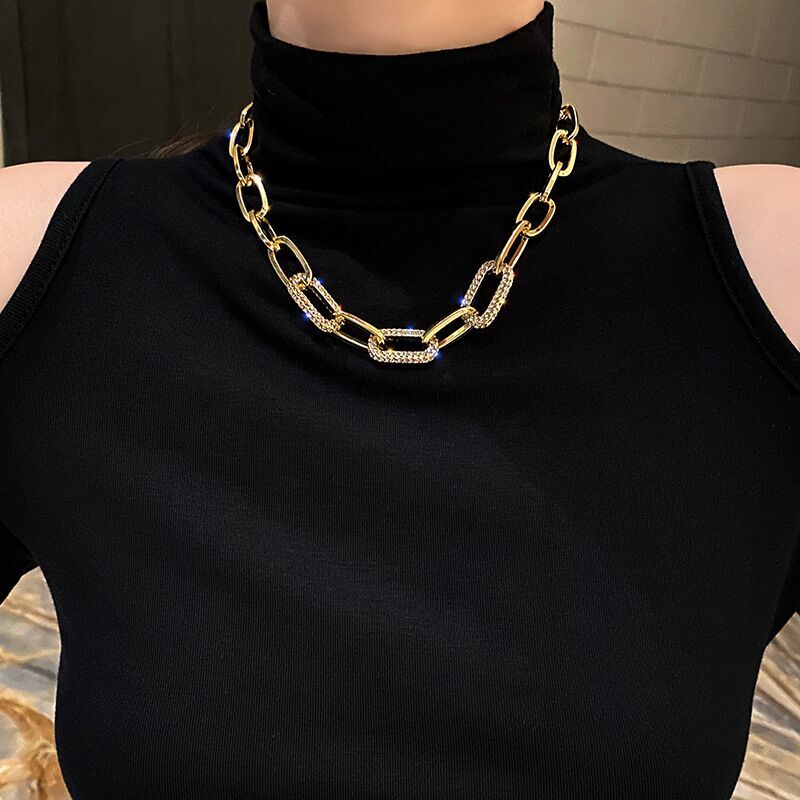 20mm Thick Wide Woman 18K Gold Plated Rolo Link Chain CZ Starry Necklace Choker