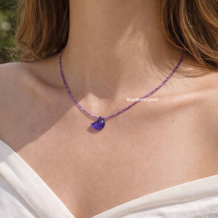 Genuine Amethyst Moon Pendant Choker Dainty Purple Crystal Necklace Women Gift