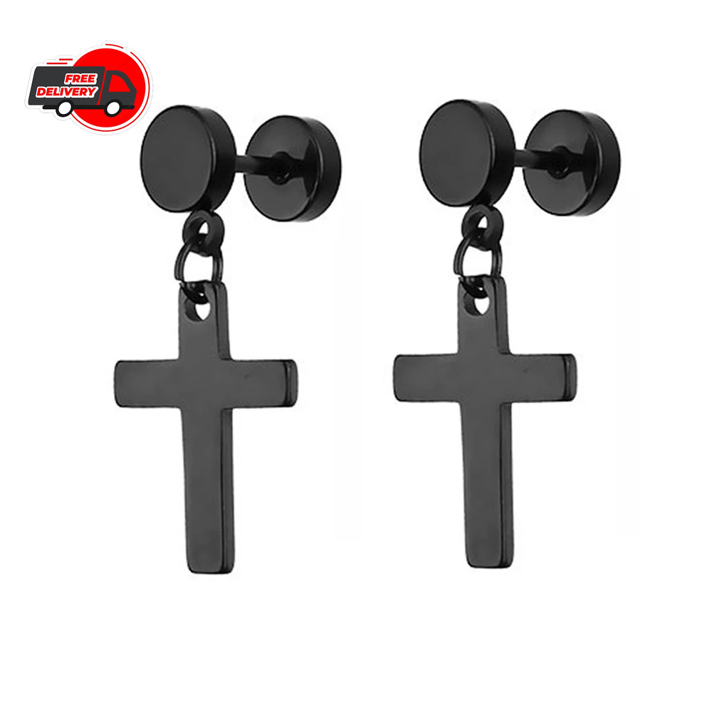 Punk Black Cross Stainless Steel Hoop Earrings for Women Men Fashion Vintage