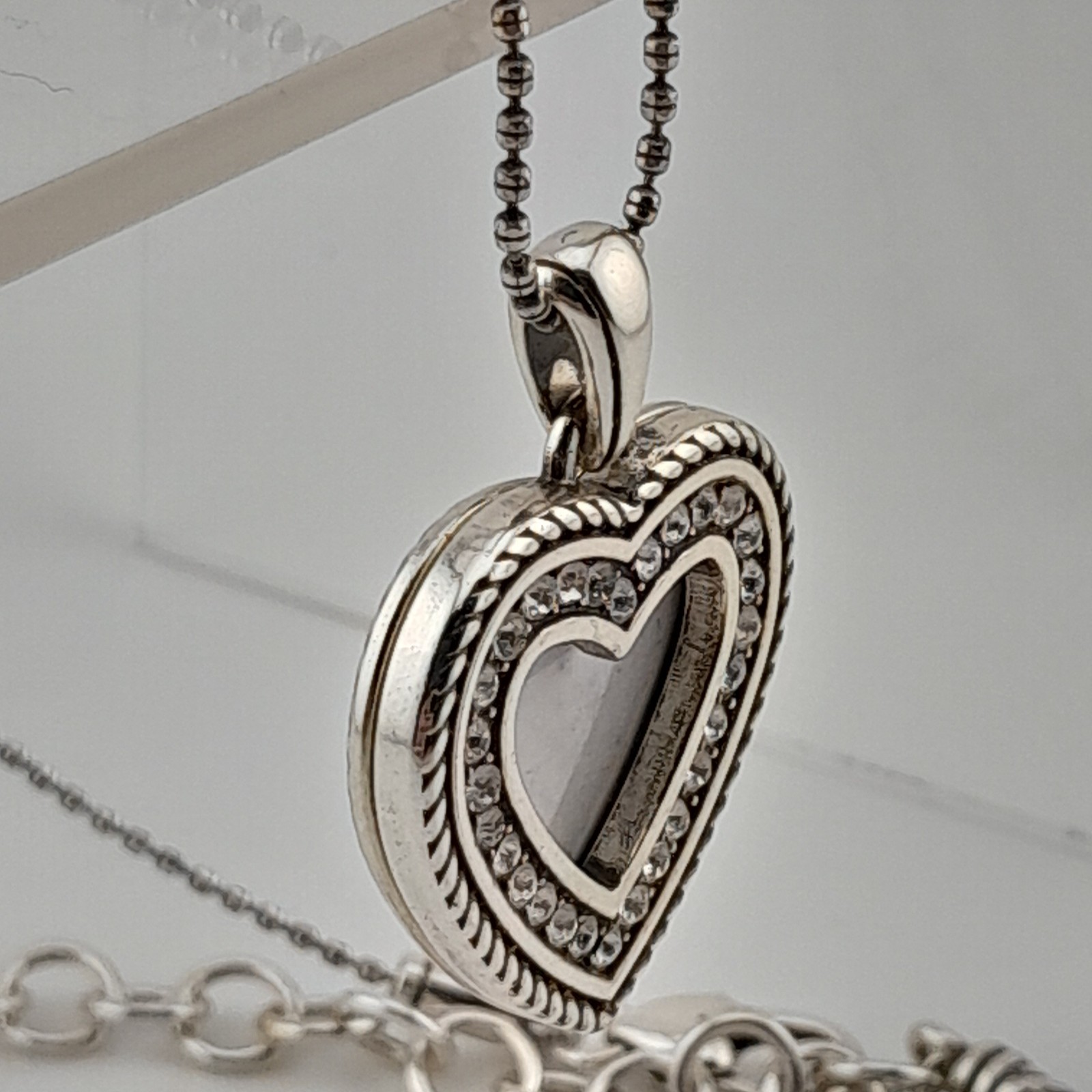 Brighton Heart Rhinestone Crystal Locket Photo Frame Pendant Silver Tone 18in