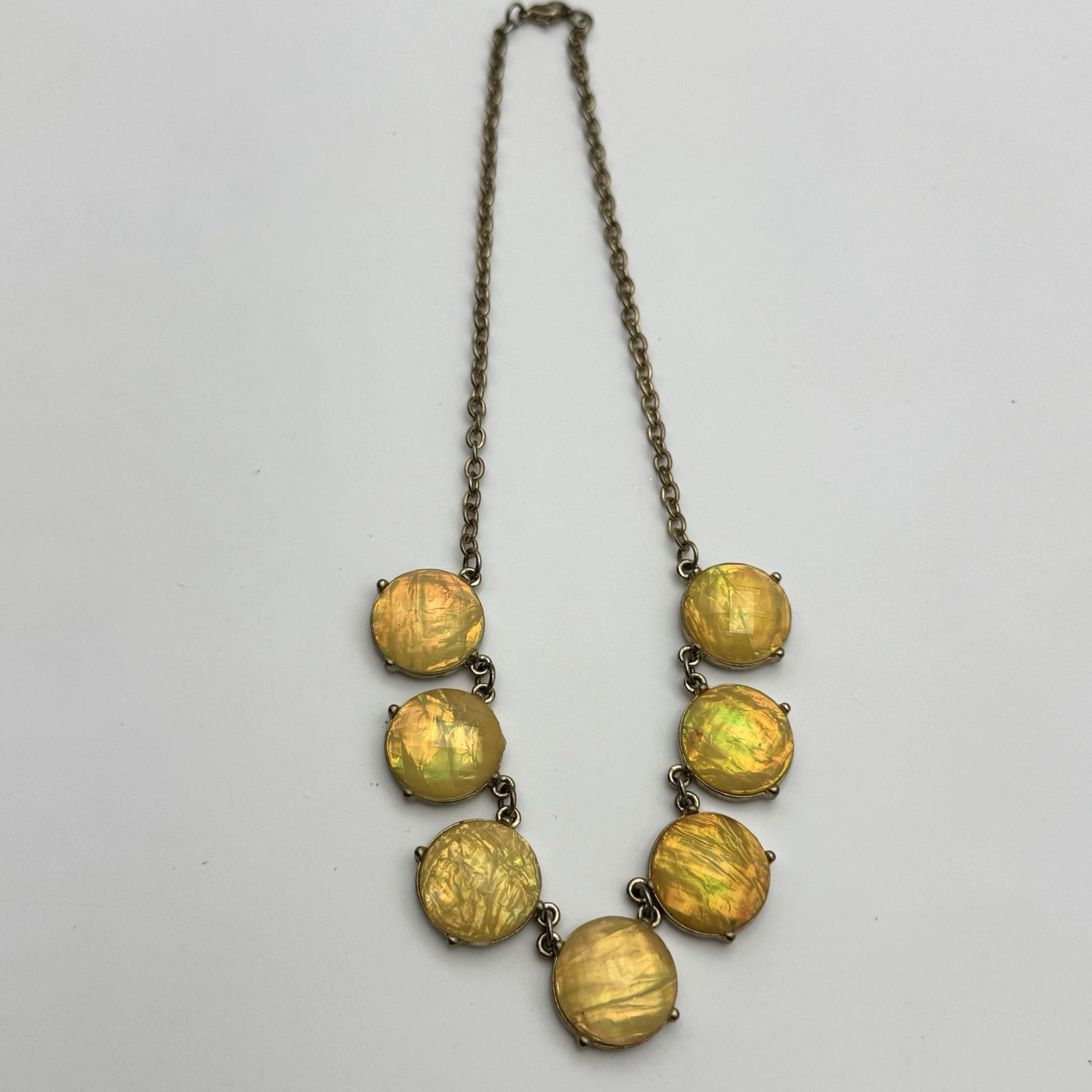 Yellow Statement Necklace Gold Tone Round Bezel Prong Faceted Foiled Beads 17.5″