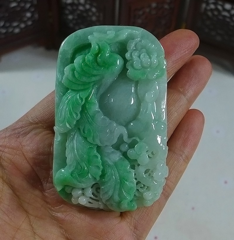 Cer’d Natural Type A Green Jadeite Jade Phoenix Kwan-yin Flower Pendant 8649