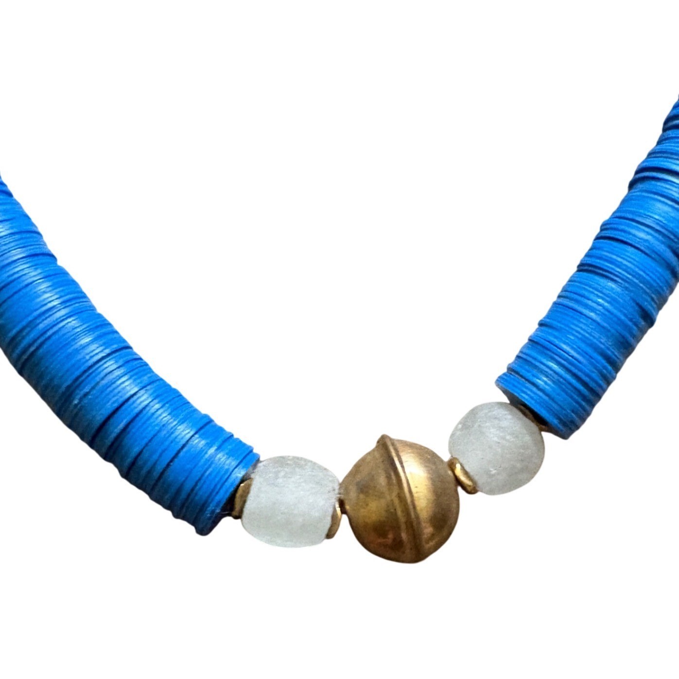 Blue Heishi Bead Necklace Wood Letter Z Frosted Glass Bell Charm Boho Coastal