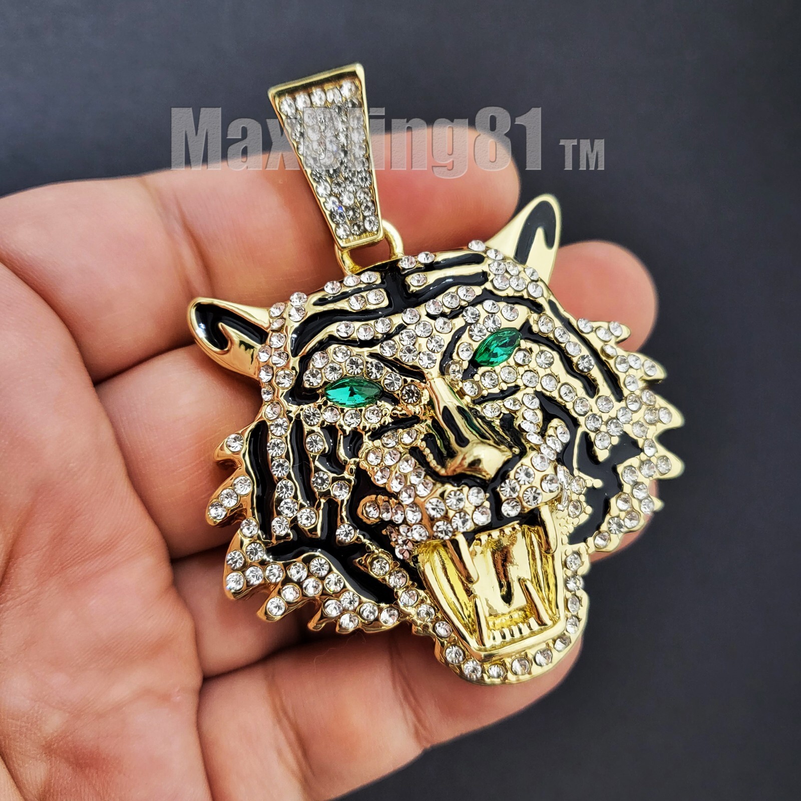 Gold Plated Large Tiger Pendant & 16″ 18″ 20″ Iced Baguette Stone Chain Necklace