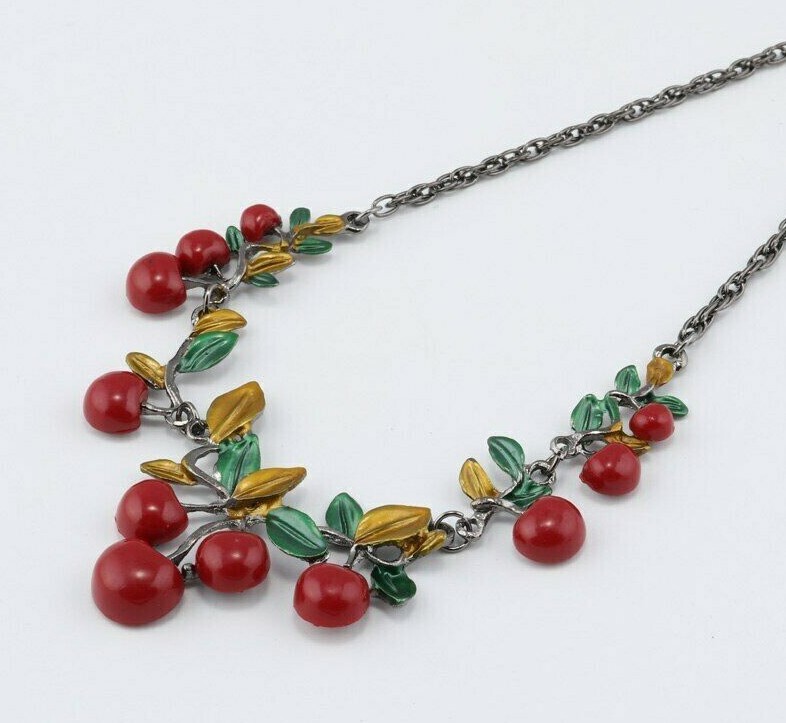 US Seller Cute Enamel Red Cherry Leafs Gun Black Chain Necklace