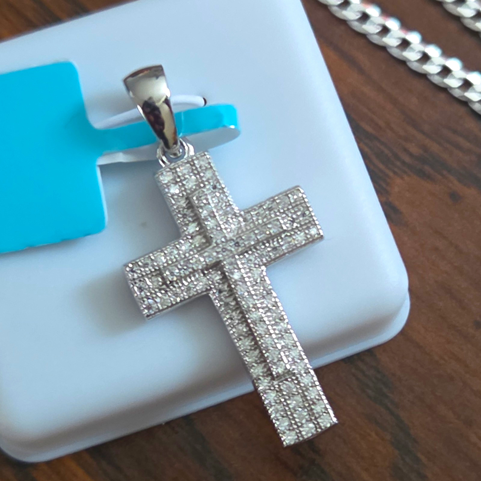 925 Silver Moissanite Pavé Round Cross Charm Pendant Box Chain Necklace Lobster