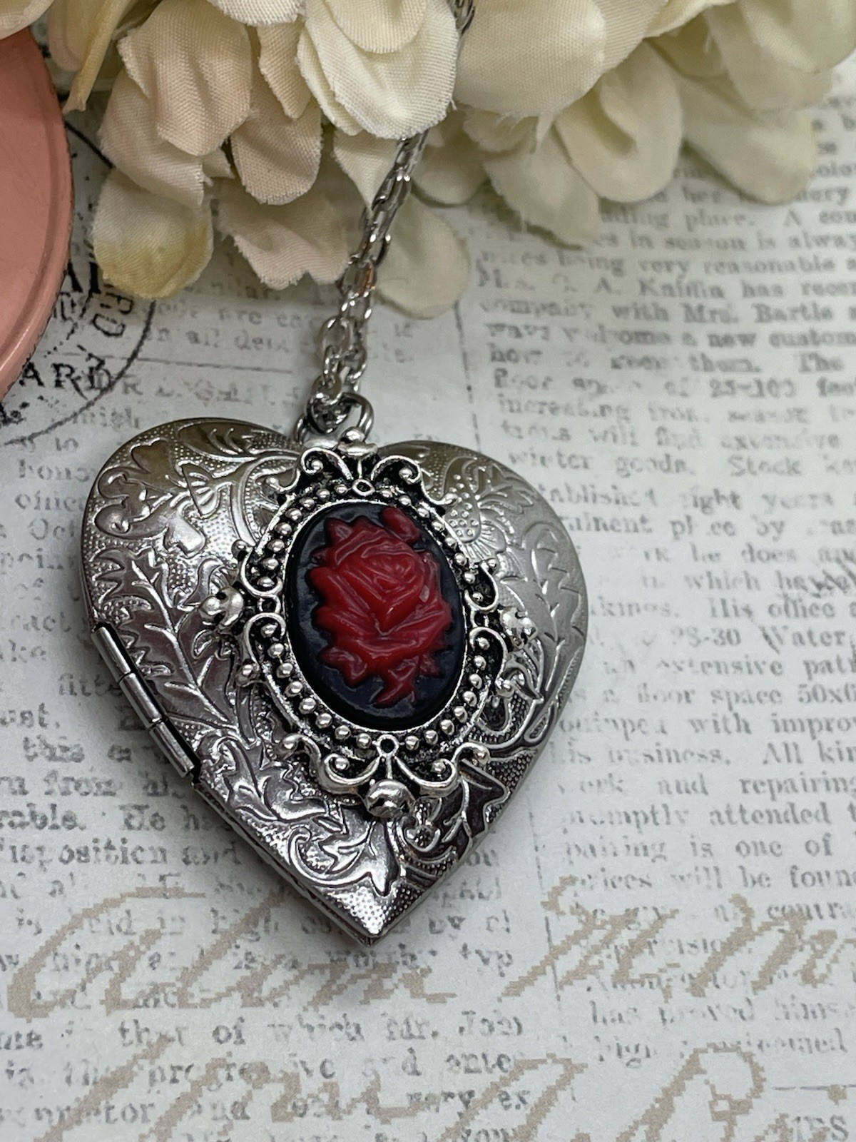 Heart Silver Black Red Locket Rose Gothic Necklace Photo Bride bridal wedding