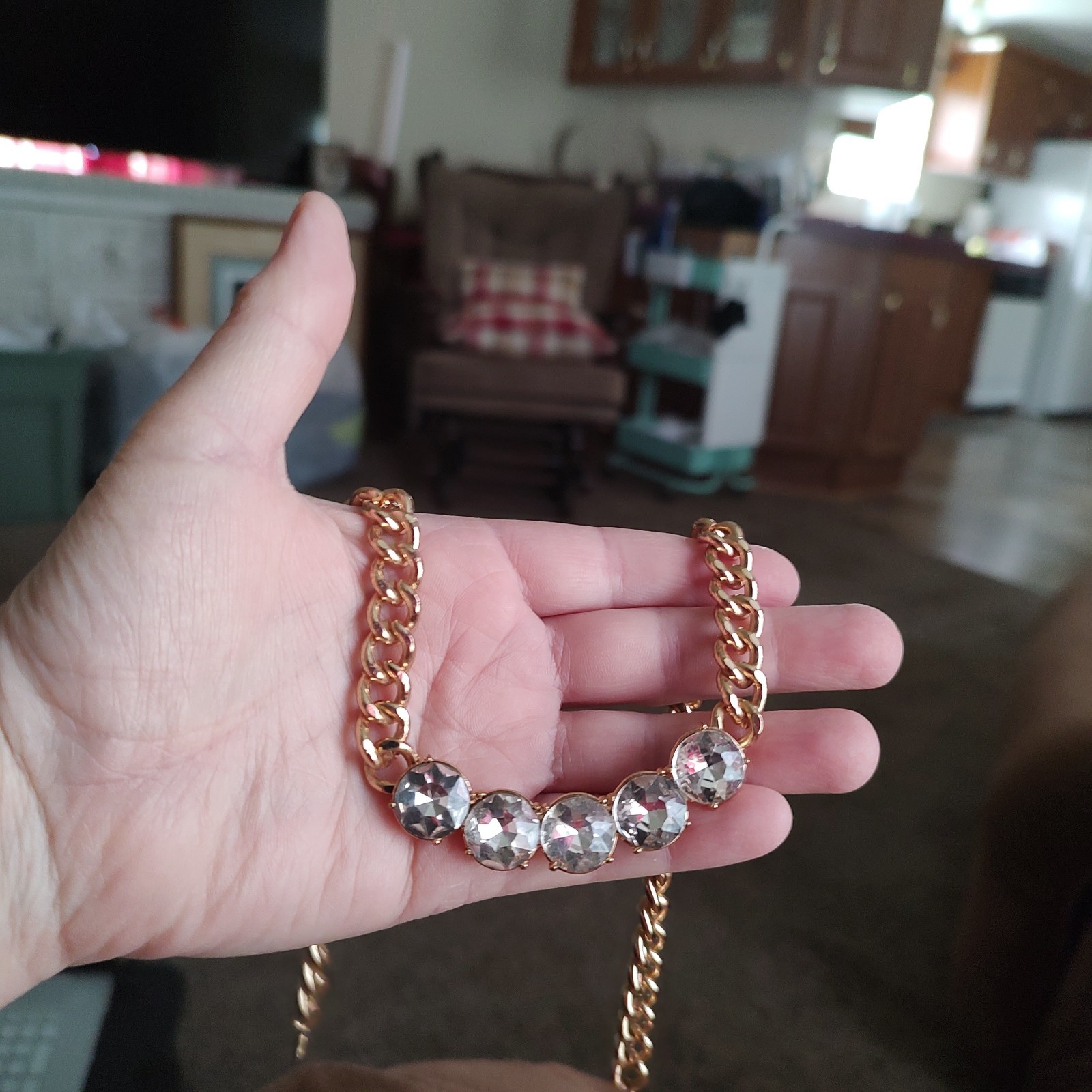 Gold Tone Metal Clear Colorless Glass Stones Statement Necklace 17″ – 19.5″
