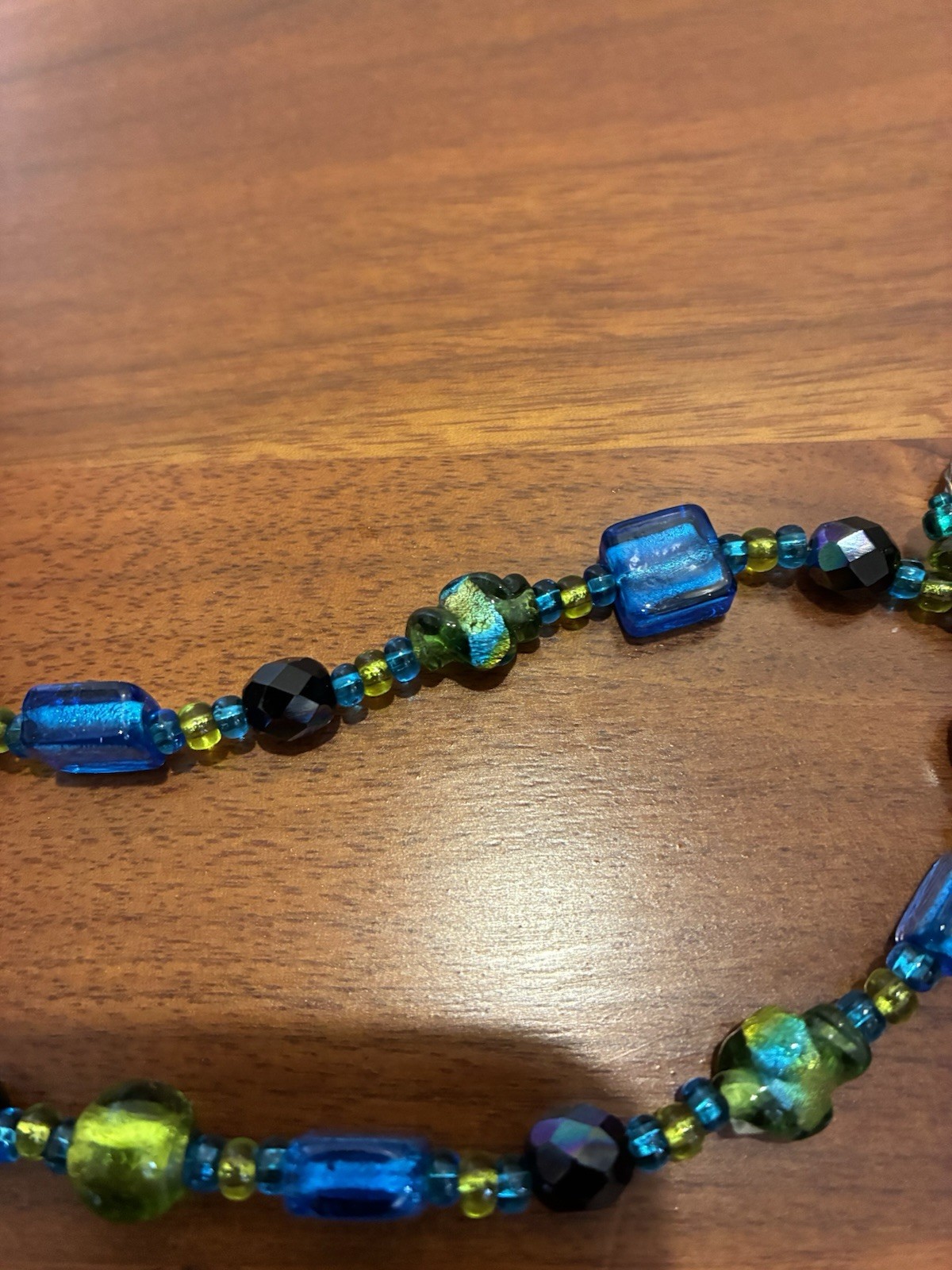 Vintage Blue Green Art Glass Beaded Necklace With Dichroic Glass Pendant Clasp