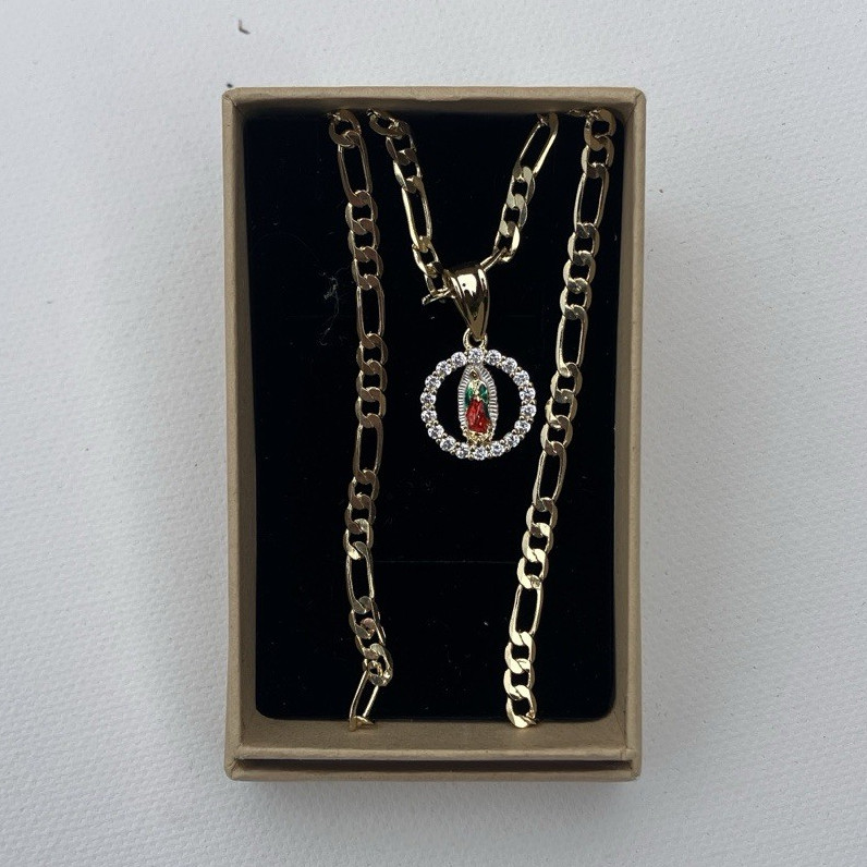 Gold Tone Figaro Necklace Clear Stone Amulet Virgin Mary Virgen de Guadalupe