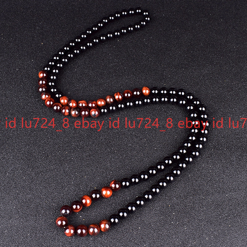 100% Natural 6MM Black Obsidian & 8MM Red Tiger’s Eye Round Gems Necklace 24in