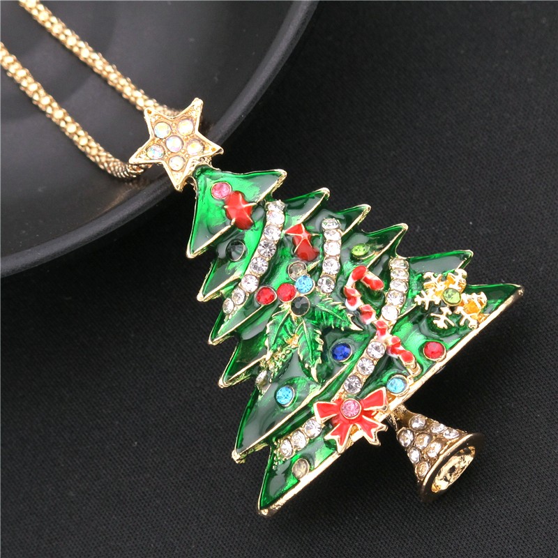 Fashion Lady Green Lovely Enamel Christmas Tree Crystal Pendant Women Necklace