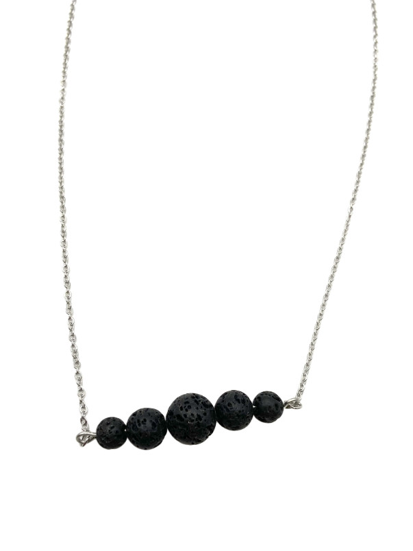 Black Round Nature Lava Rock Graduated Beads Aromatherapy Pendant Necklace 20″