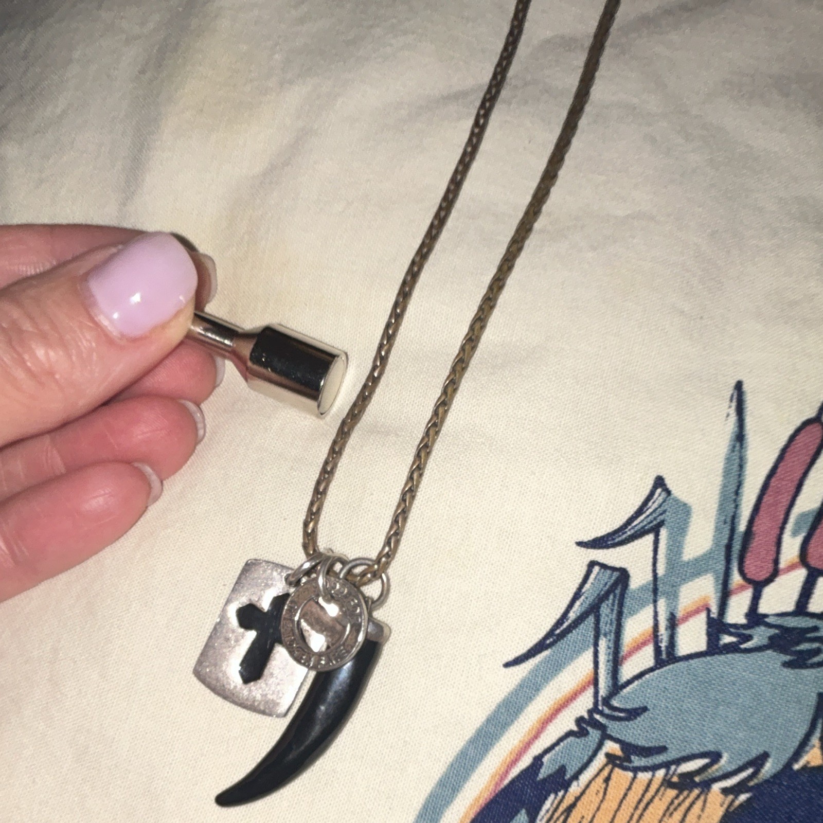 Silver Tone Snake Chain Necklace Cross Charm Black Horn Pendant Adjustable