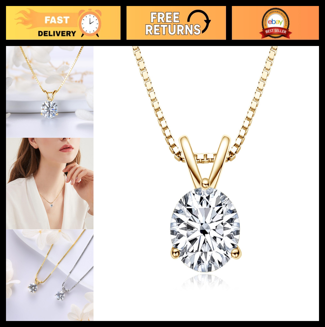 Moissanite Necklace for Women – Solitaire Lab Diamond Pendant, 18K White Gold, 9
