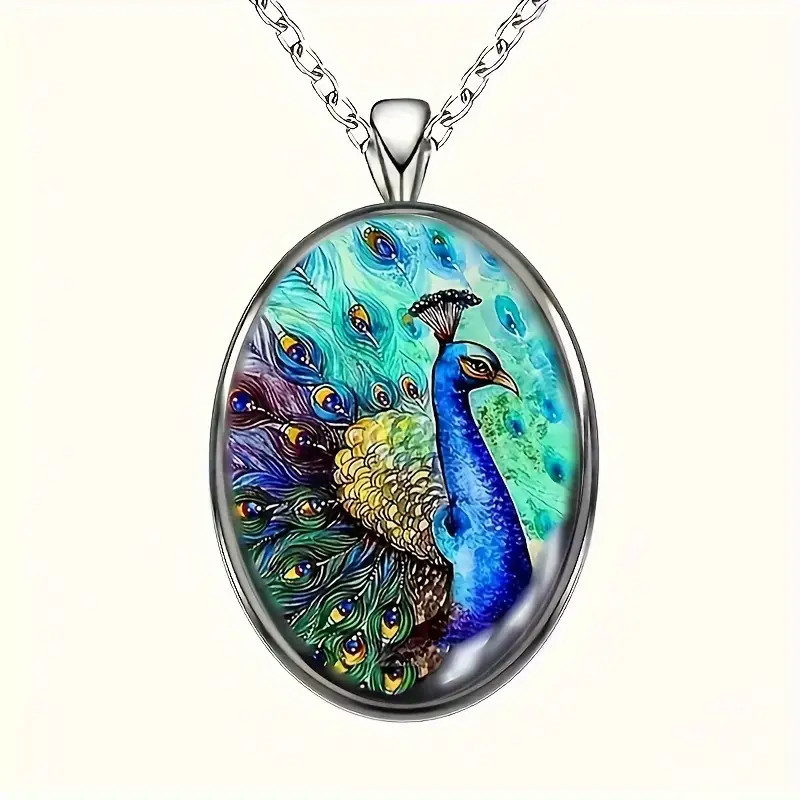 Peacock Beauty Oval Jewelry Vintage Silvery Gothic Bird Pendant Necklace